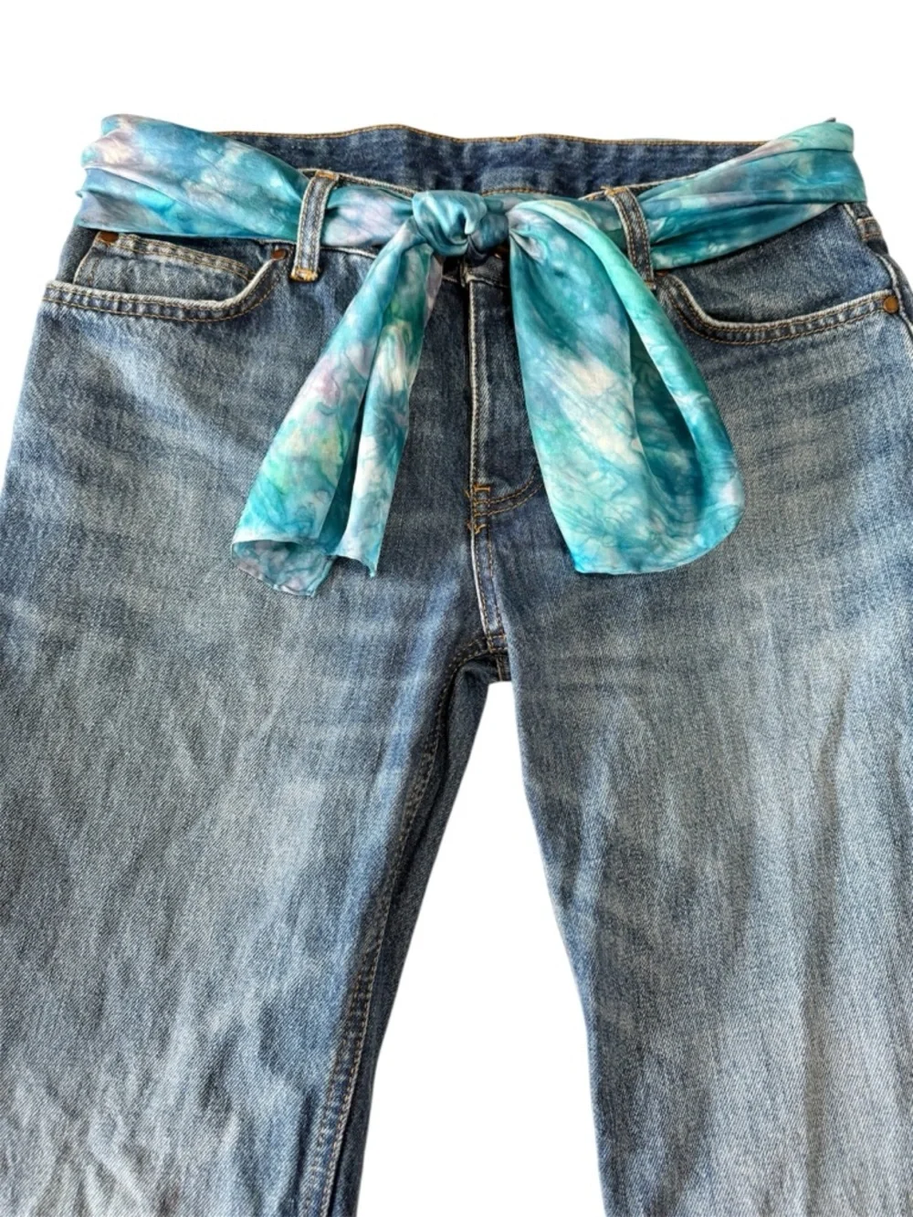 Silk Scarf Belt Boho Festival Coastal Cowgirl Waist Wrap Green Blue 57-1/2” L